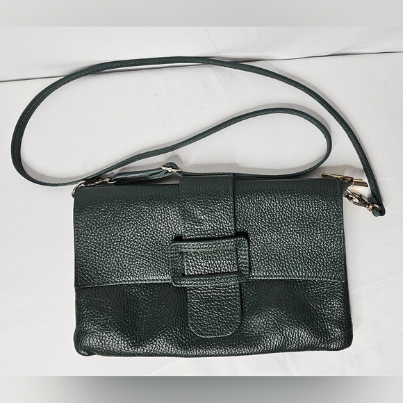 Italian Made Genuine Pebbled Leather Crossbody Purse Dark Green Buckle Flap - Picture 1 of 14